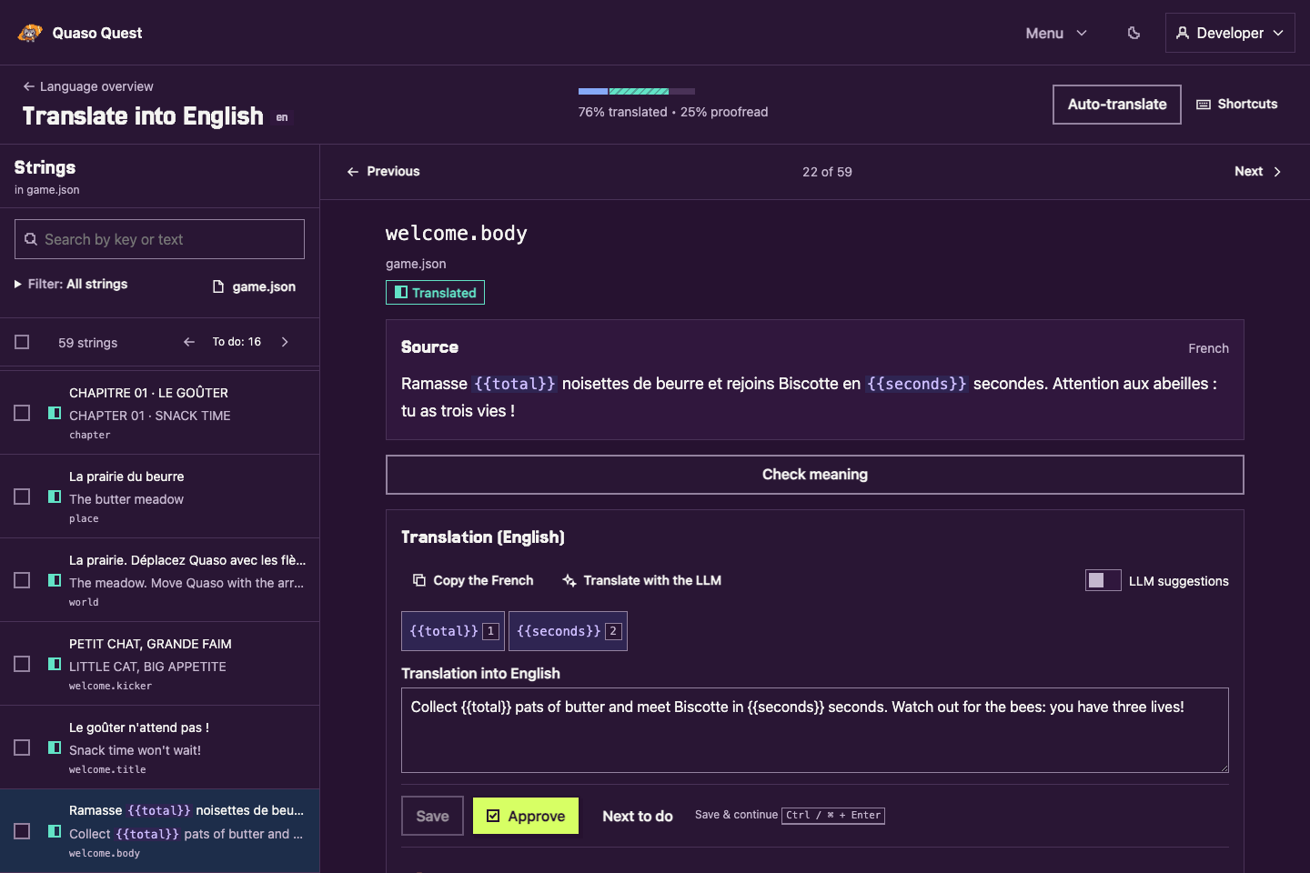 The same French-to-English Quaso Quest translation editor in dark mode