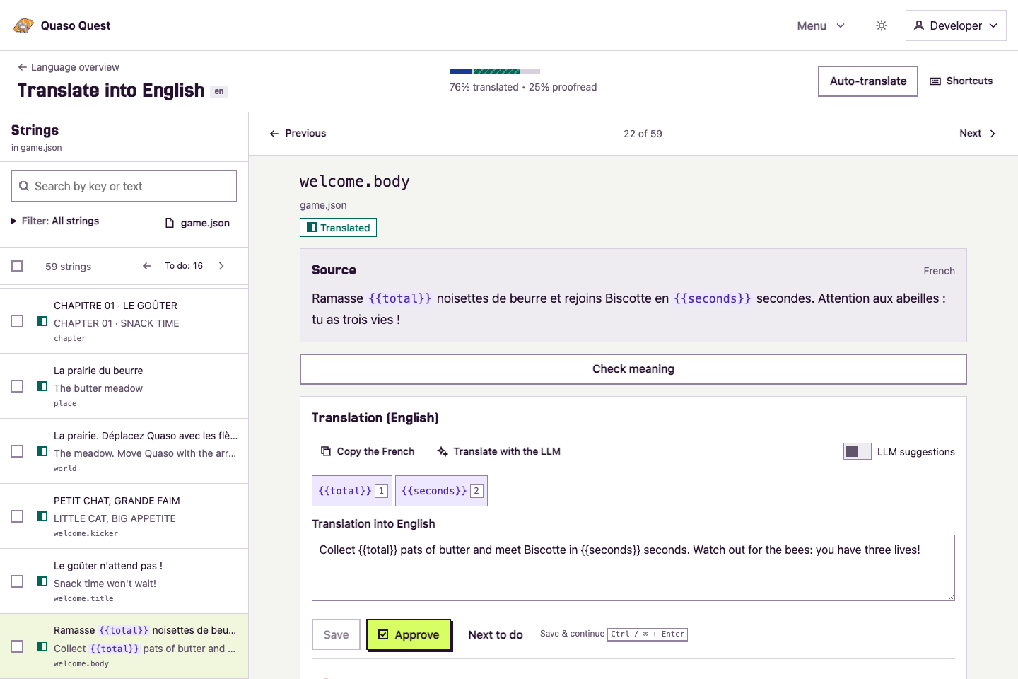 Quaso Quest’s editor showing French game dialogue and its English translation, with placeholders preserved