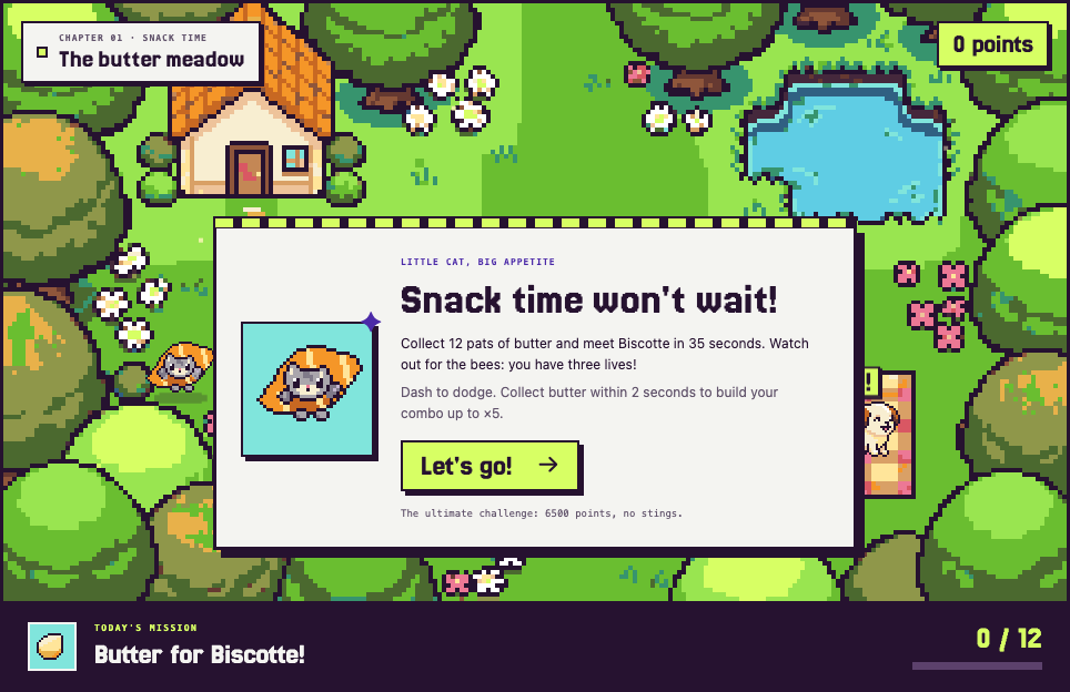 Quaso Quest, a pixel-art game about a croissant cat collecting butter, running with the downloaded English translations
