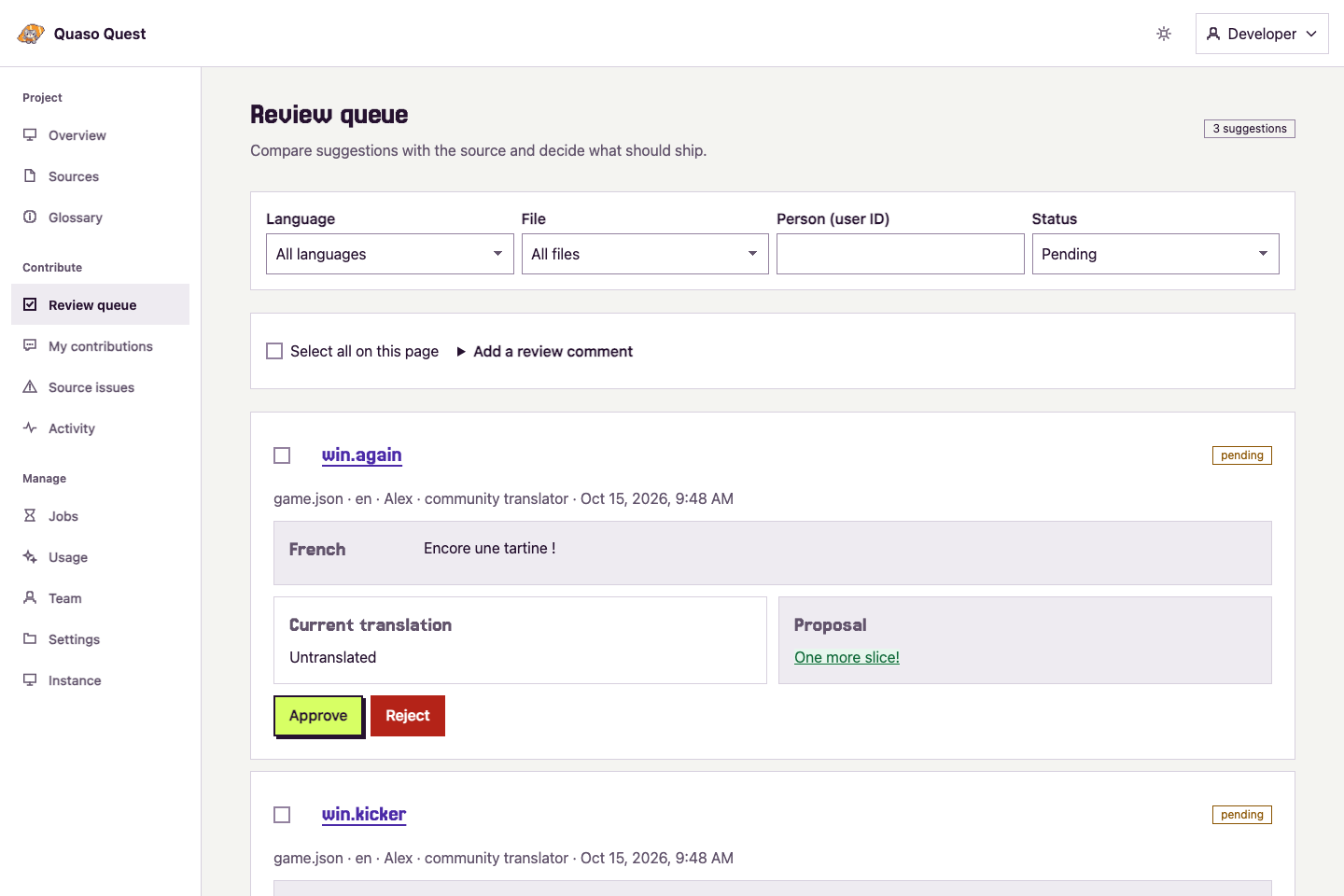 English suggestions for Quaso Quest’s French strings waiting for a manager’s review
